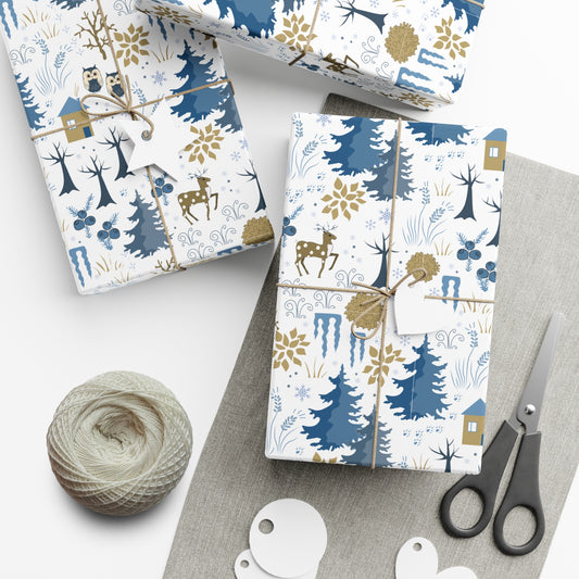 Winter Forest Scene Wrapping Paper: White & Blue - Sustainable Holiday Gift Wrap Satin and Matte Finishes