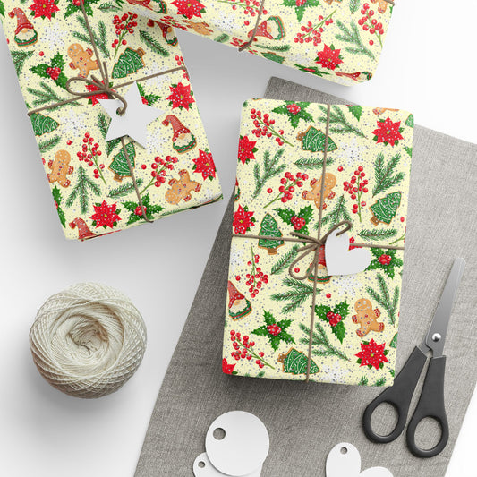 Classic Christmas Wrapping Paper : Festive Holiday Gift Wrap with Gingerbread, Poinsettias, Holly, and Santa Hats