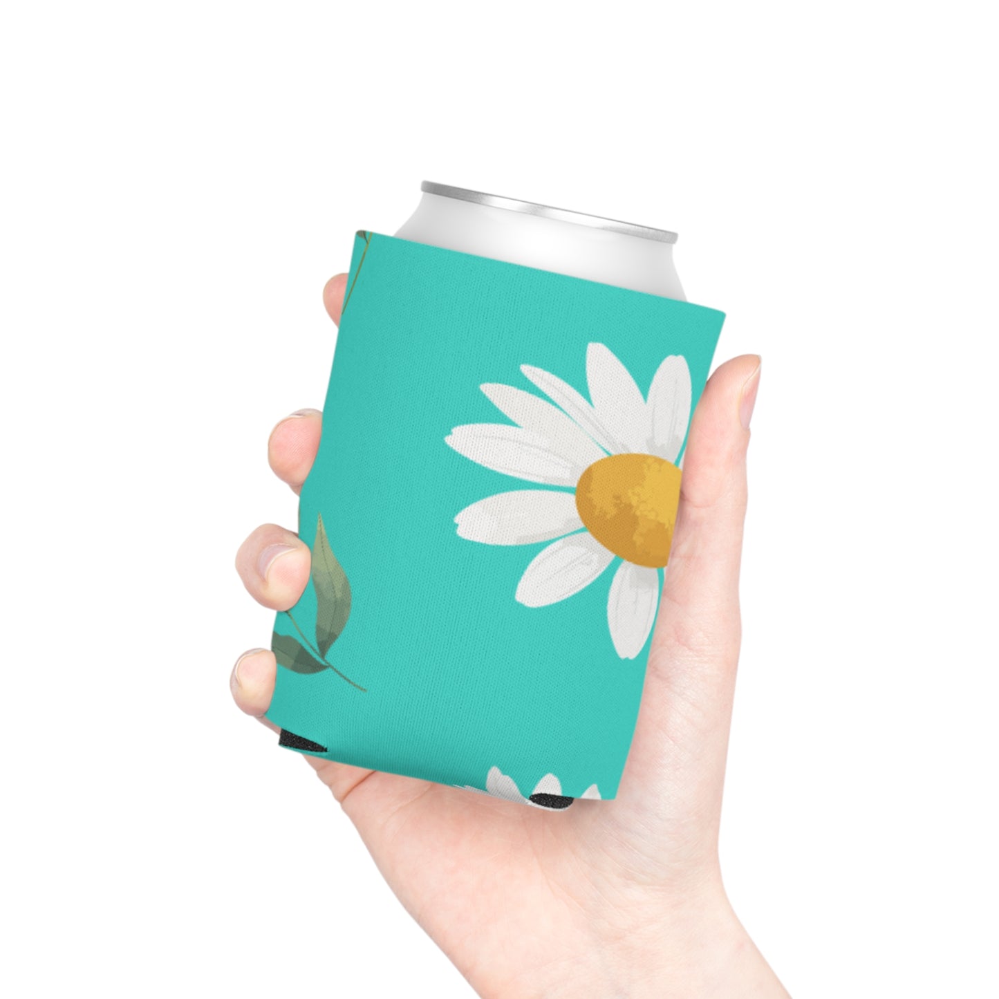 Summer Vibes Koozie: Bright Teal with White Daisy Pattern - Keep Your Drinks Cool in Style!