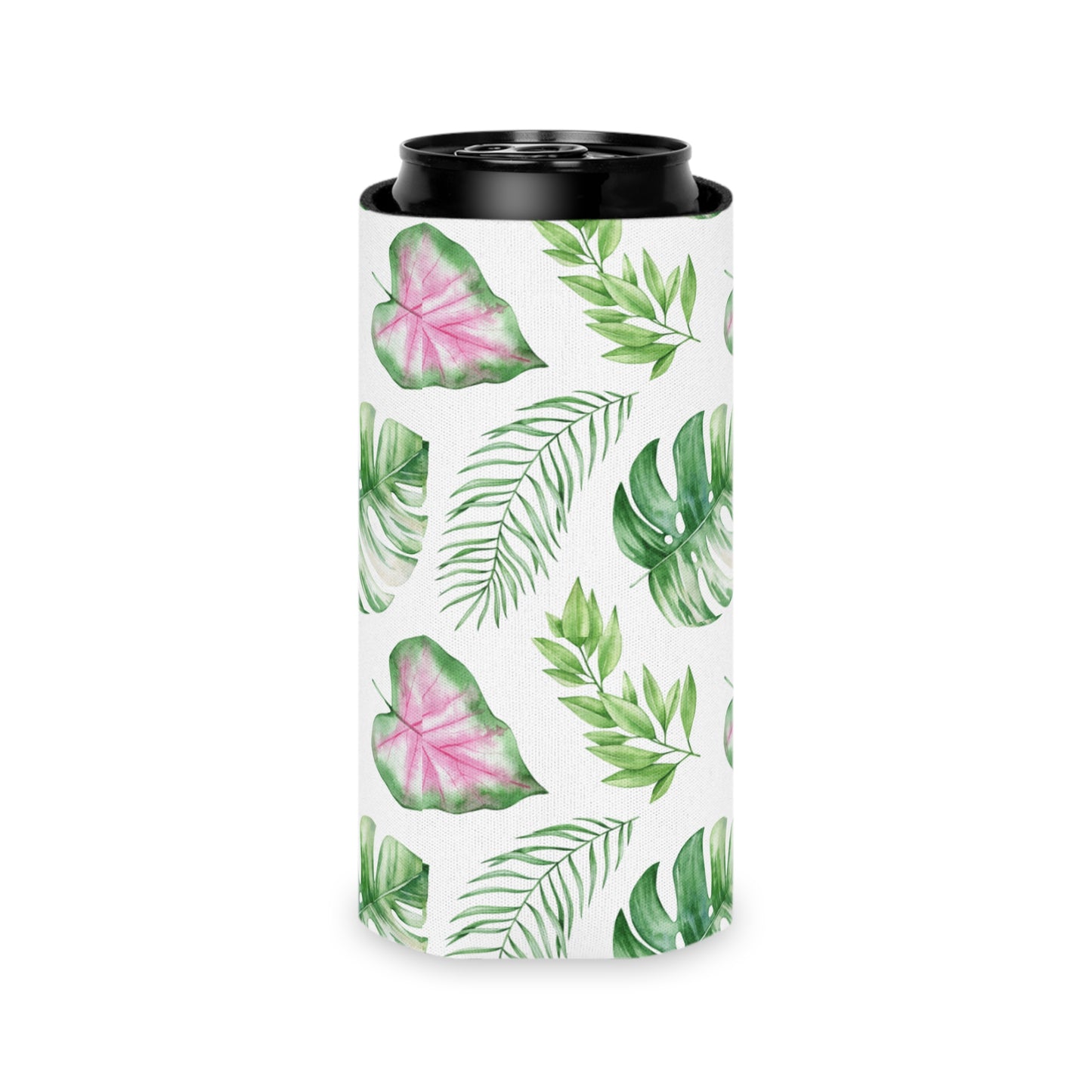 Tropical Bloom Koozie - Personalized Green & Pink Plant Can Cooler for Beach Days, Picnics, and Garden Parties