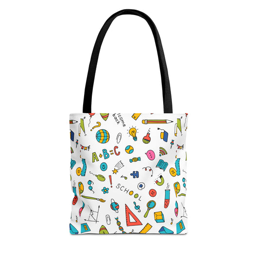 Back-to-School Doodle Print Tote Bag – Colorful School Supply Design in 3 Sizes