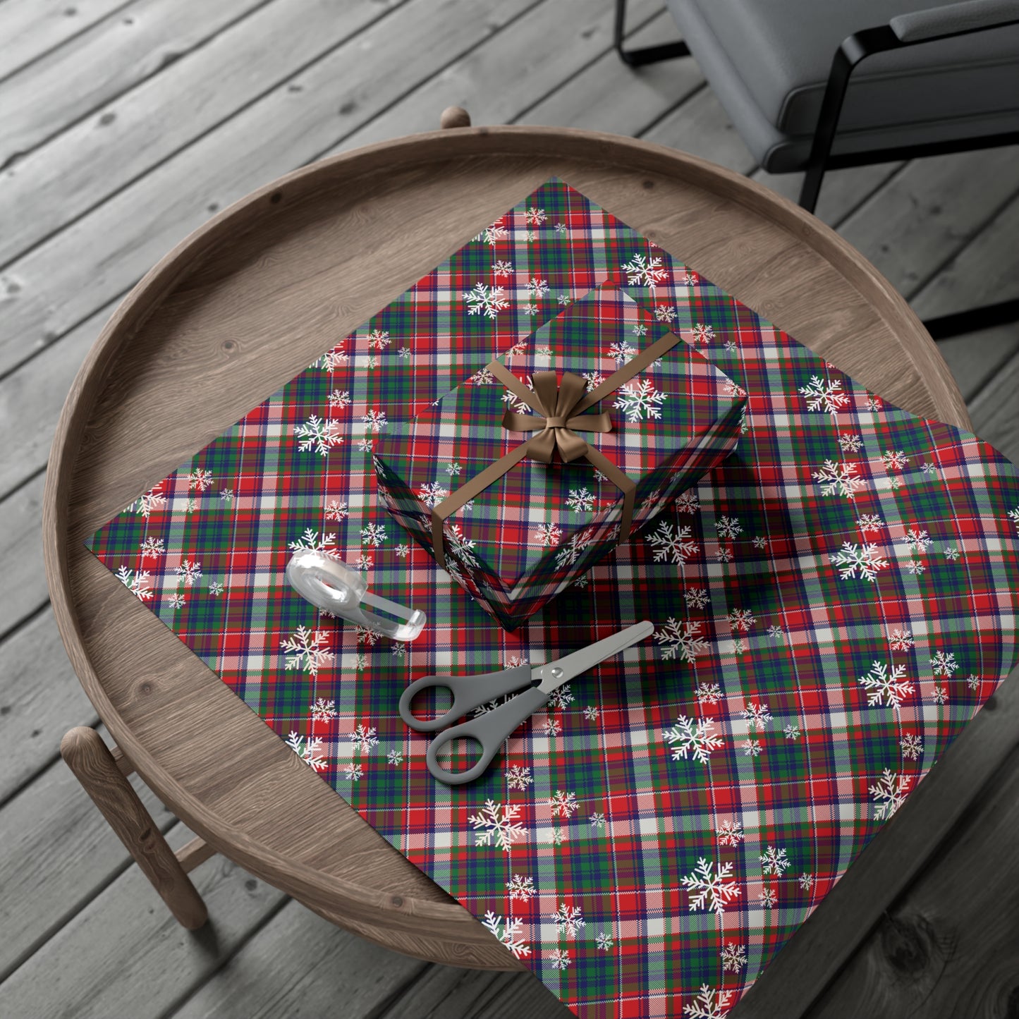 Plaid Christmas Wrapping Paper with Snowflakes : Festive Matte or Satin Gift Wrap