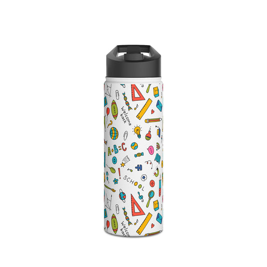 Back-to-School Stainless Steel Water Bottle – Colorful School Supplies Design, BPA-Free, 12oz/18oz/32oz