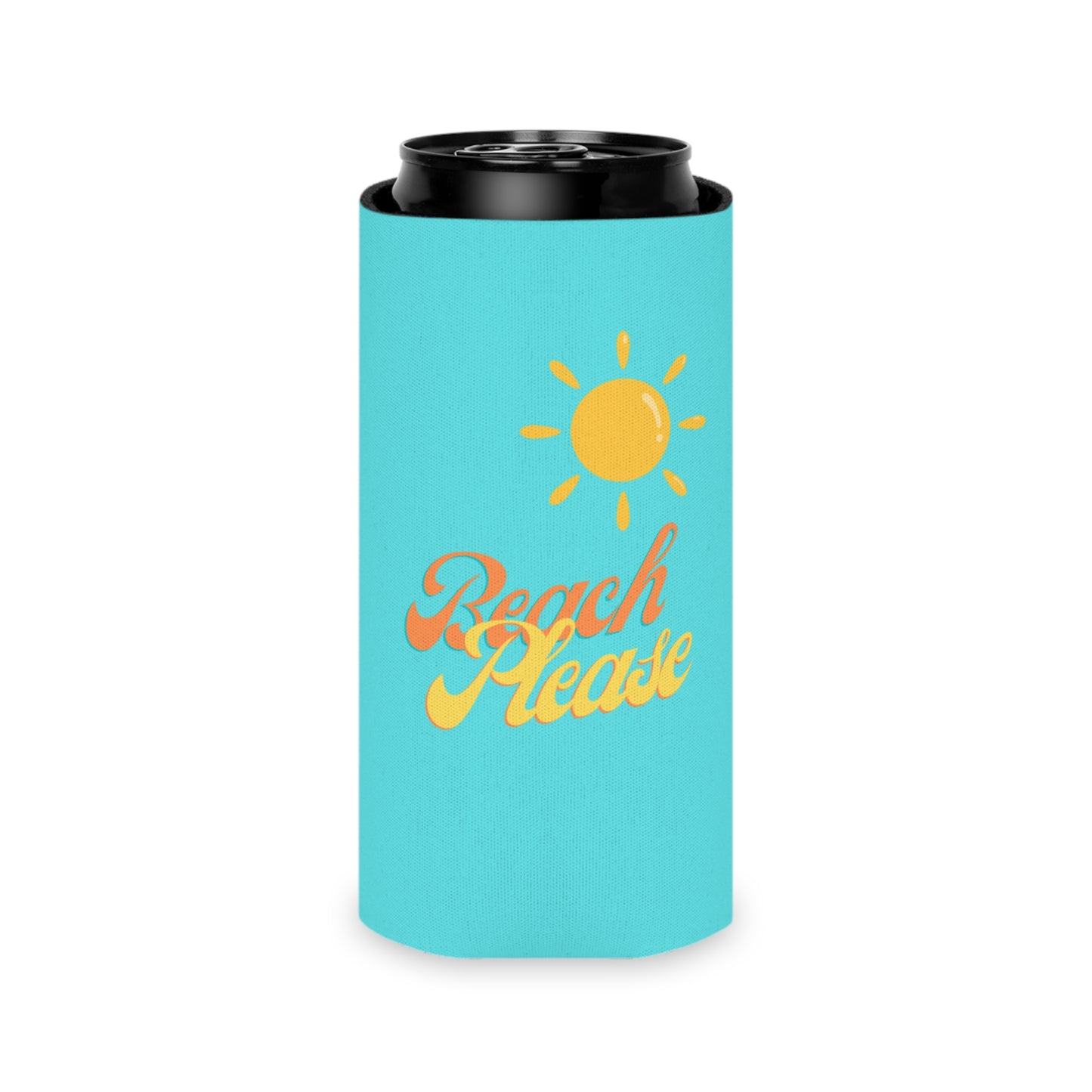 Beach Please Vibes Koozie - Fun Turquoise Can Cooler with Sun Graphic for Beach Days, Pool Parties, and Summer Fun