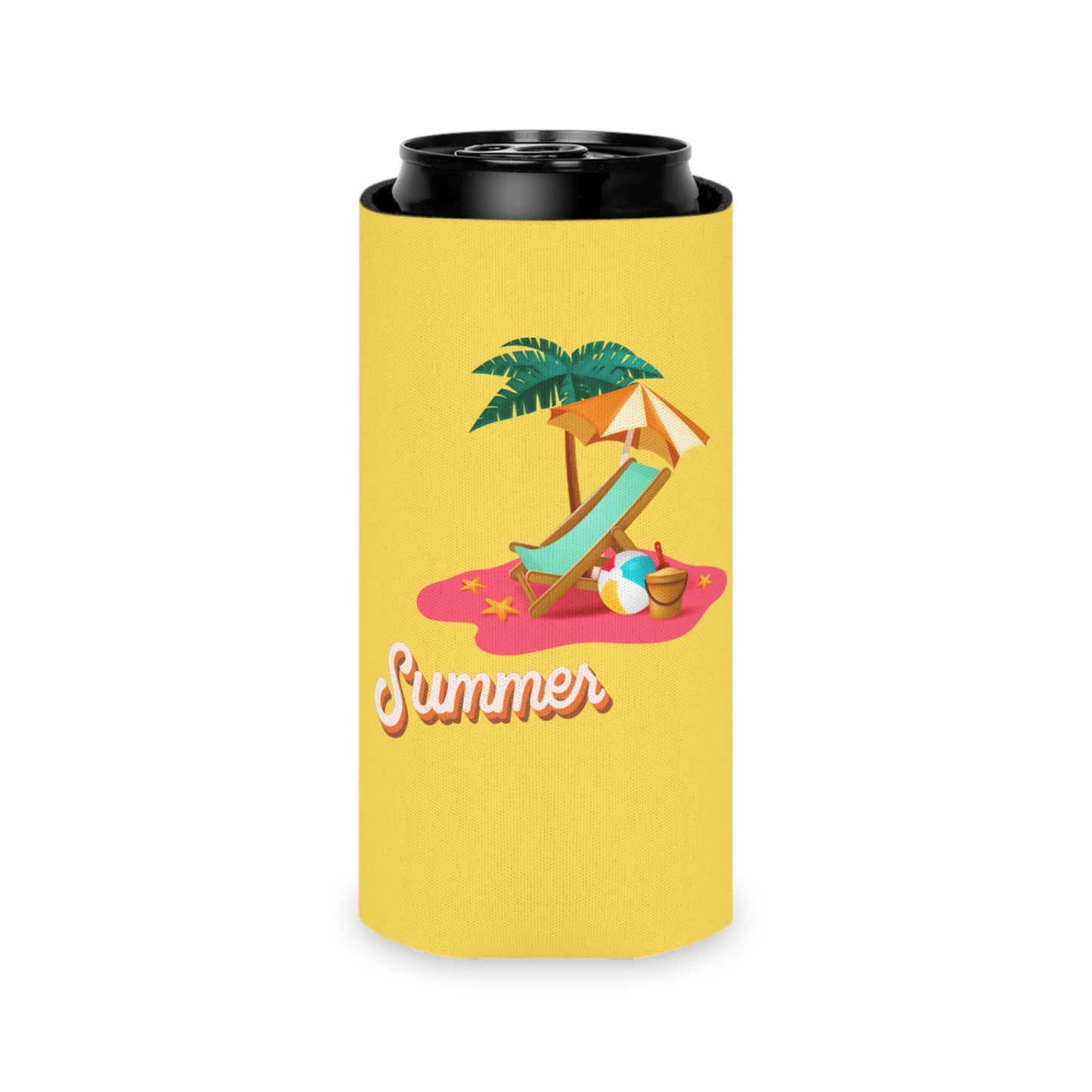 Sun-Kissed Serenity: Tropical Yellow Koozie with Beach Chair & Umbrella Design | Custom Print