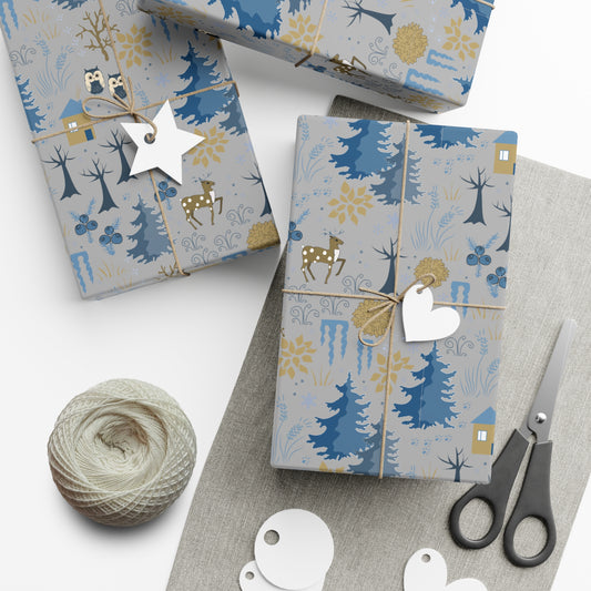 Winter Forest Scene Wrapping Paper: Blue & Grey - Eco-Friendly Christmas Gift Wrap Available in Satin and Matte