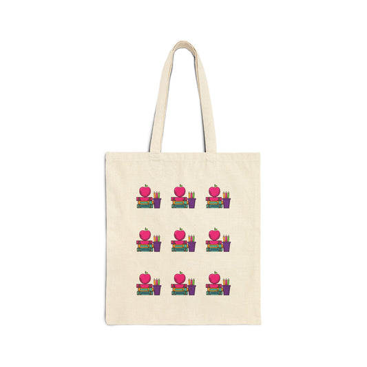 Canvas Tote Bag – Cute Apple & Books Print | Back-to-School Teacher Tote | Eco-Friendly Book Bag for Women & Moms