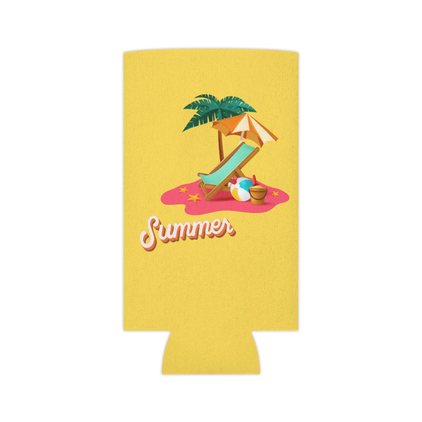 Sun-Kissed Serenity: Tropical Yellow Koozie with Beach Chair & Umbrella Design | Custom Print