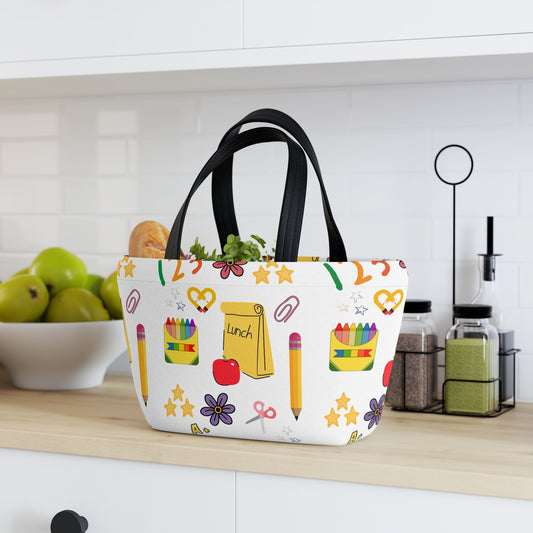 Back-to-School Lunch Bag | Colorful Apple & Books Print | Insulated Tote for Kids, Teachers, Moms | Stylish & Functional