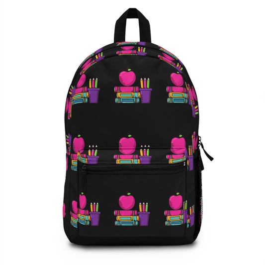 Black Colorful Back-to-School Kids Backpack – Pink Apple & Crayons Pattern
