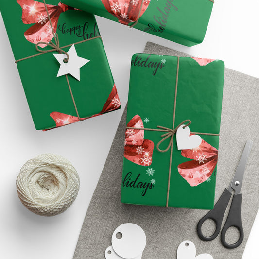 Festive Red Bow Christmas Wrapping Paper : Elegant Green Holiday Gift Wrap with Snowflakes and "Happy Holidays" Script