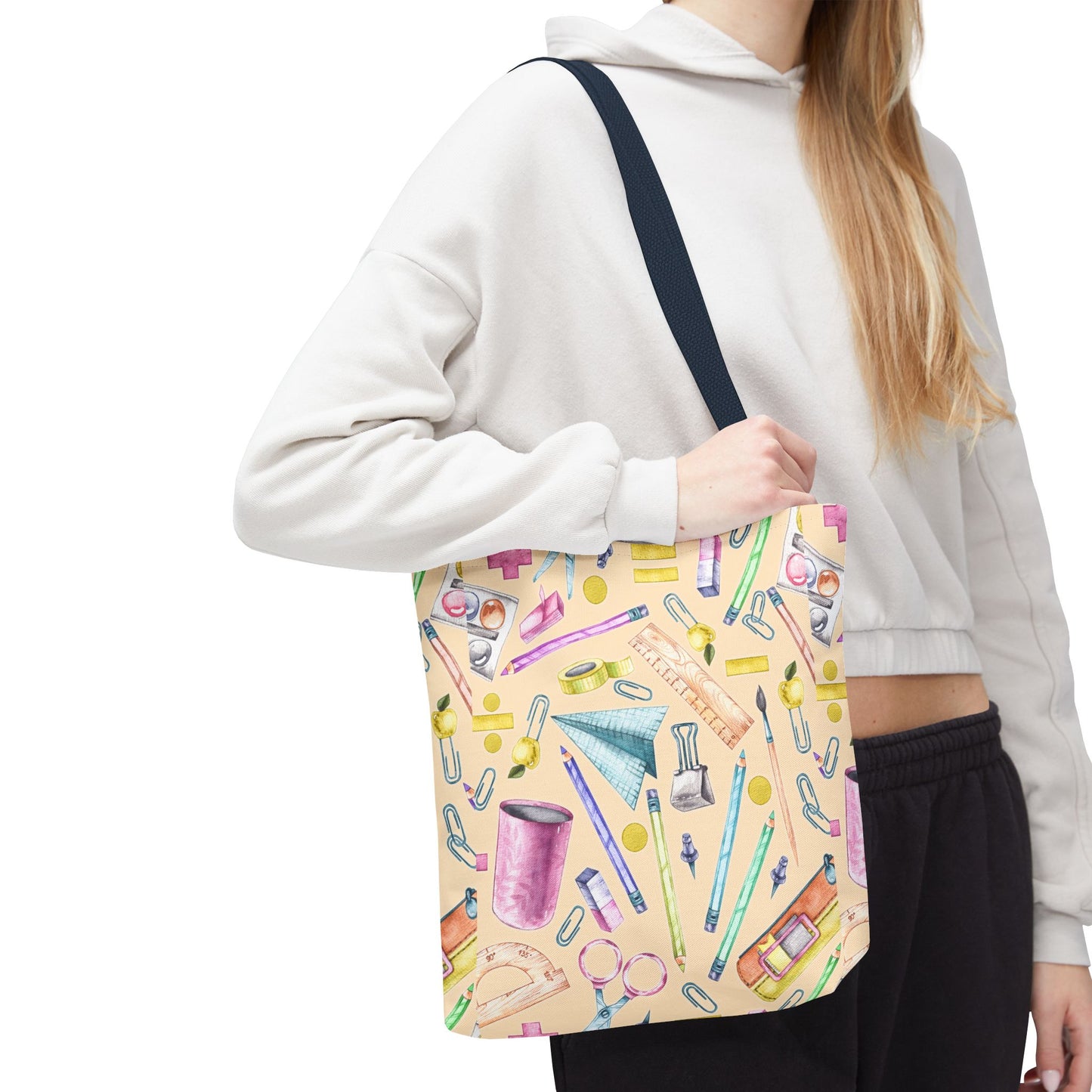 Back-to-School Essentials Tote Bag – Vibrant Stationery Pattern, 3 Sizes, Stylish & Durable