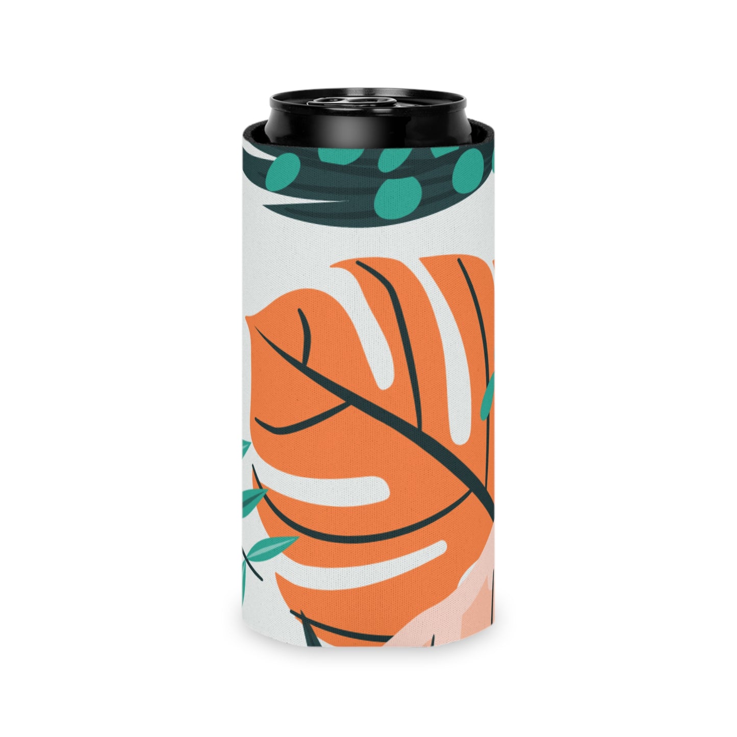 Tropical Sunset Breeze Koozie - Personalized Orange & Green Plant Can Cooler for Beach Days, Picnics, and Summer Escapes