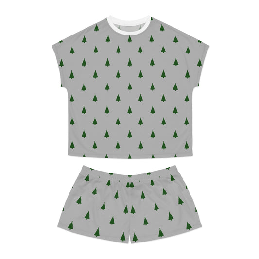 Grey Christmas Tree Pajama Set for Women - Minimalist Two-Piece Holiday Sleepwear - Cozy Winter Gift Idea