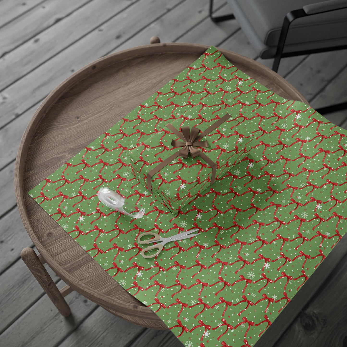 Festive Green Christmas Wrapping Paper : Holiday Gift Wrap with Red Ribbons and Snowflakes, Perfect for Christmas Gifts
