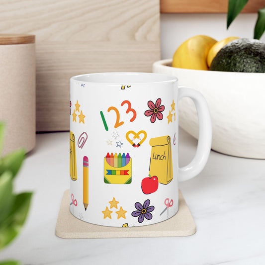 Back to School Teacher Mug – Cute Apple, Lunch & Crayon Design – Ceramic Coffee Cup in 11oz or 15oz – Teacher Gift for Women or Moms