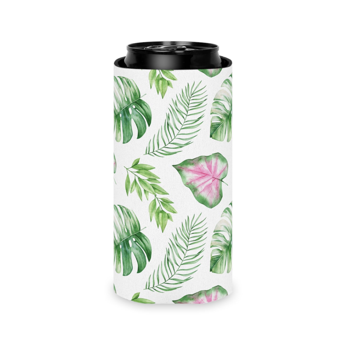 Tropical Bloom Koozie - Personalized Green & Pink Plant Can Cooler for Beach Days, Picnics, and Garden Parties