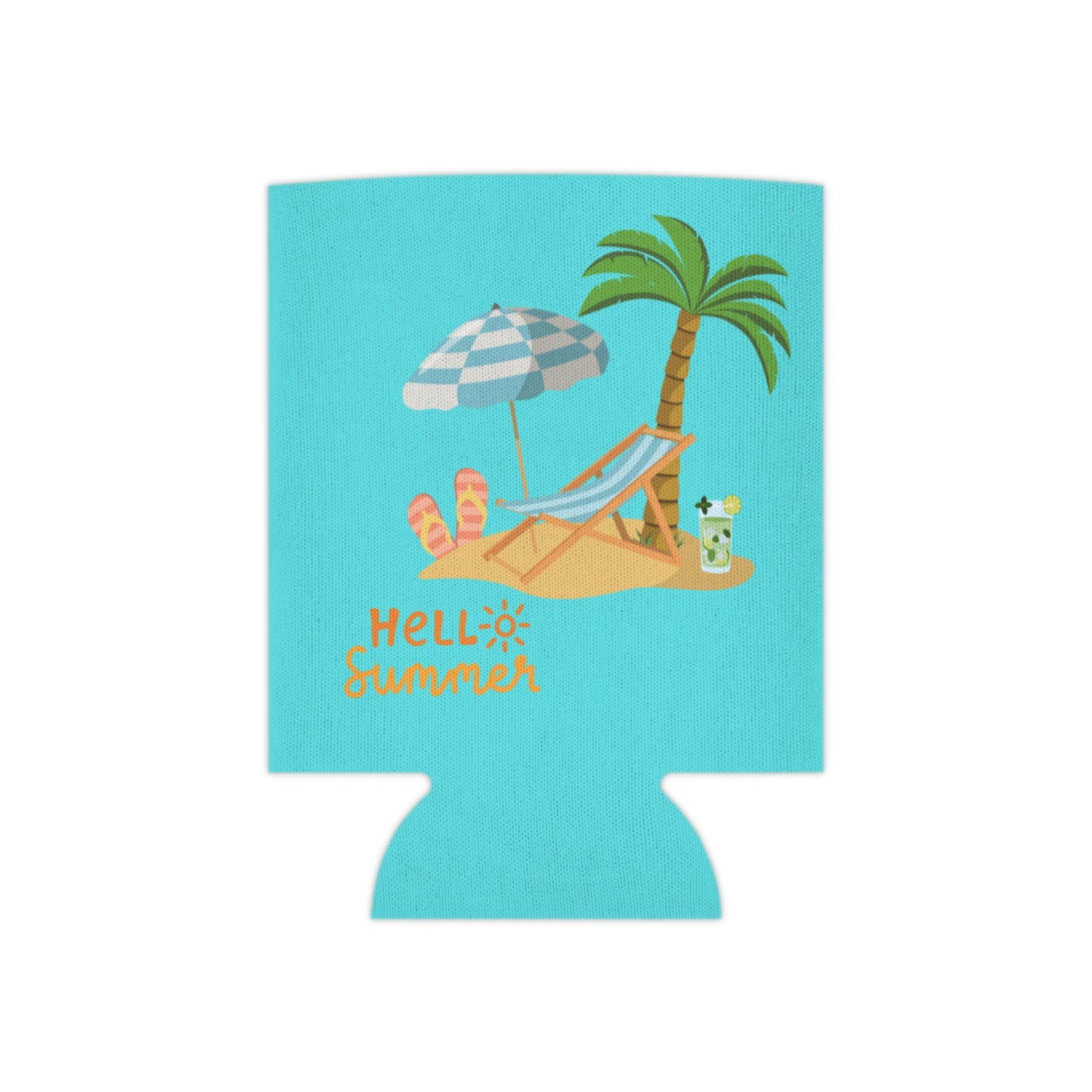 "Hello Summer Bright Teal Koozie: Island Design Can Cooler - Customizable and Cool