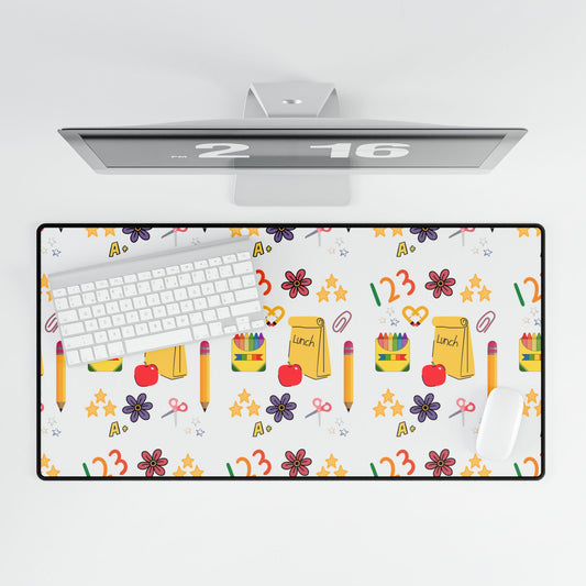 Colorful Back-to-School Desk Mat – Cute Teacher & Student Desk Accessory | Large Mouse Pad with School Supplies Design