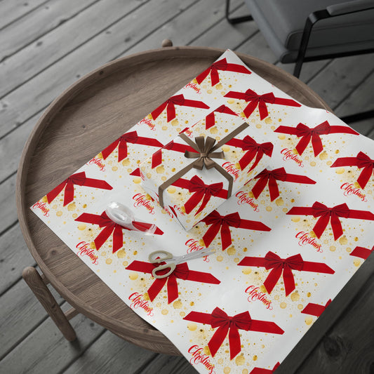 Red Ribbon Christmas Wrapping Paper : Elegant Holiday Gift Wrap with Gold Accents and Festive Script, Perfect for Christmas Gifts