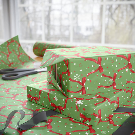Festive Green Christmas Wrapping Paper : Holiday Gift Wrap with Red Ribbons and Snowflakes, Perfect for Christmas Gifts