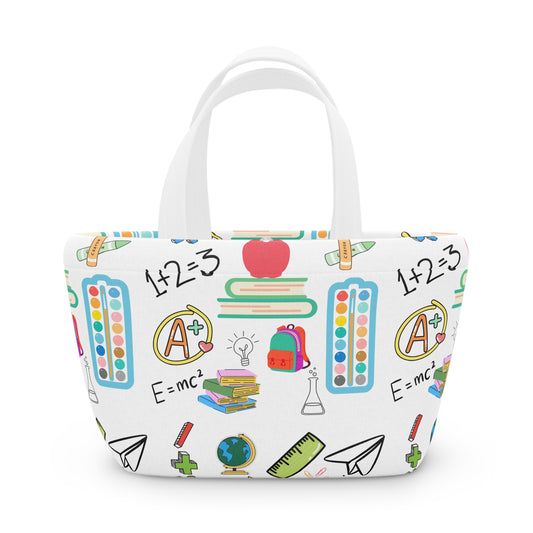 White neoprene lunch bag with colorful classroom print including apples, rulers, books, and paper planes — ideal for teachers, moms, and students.