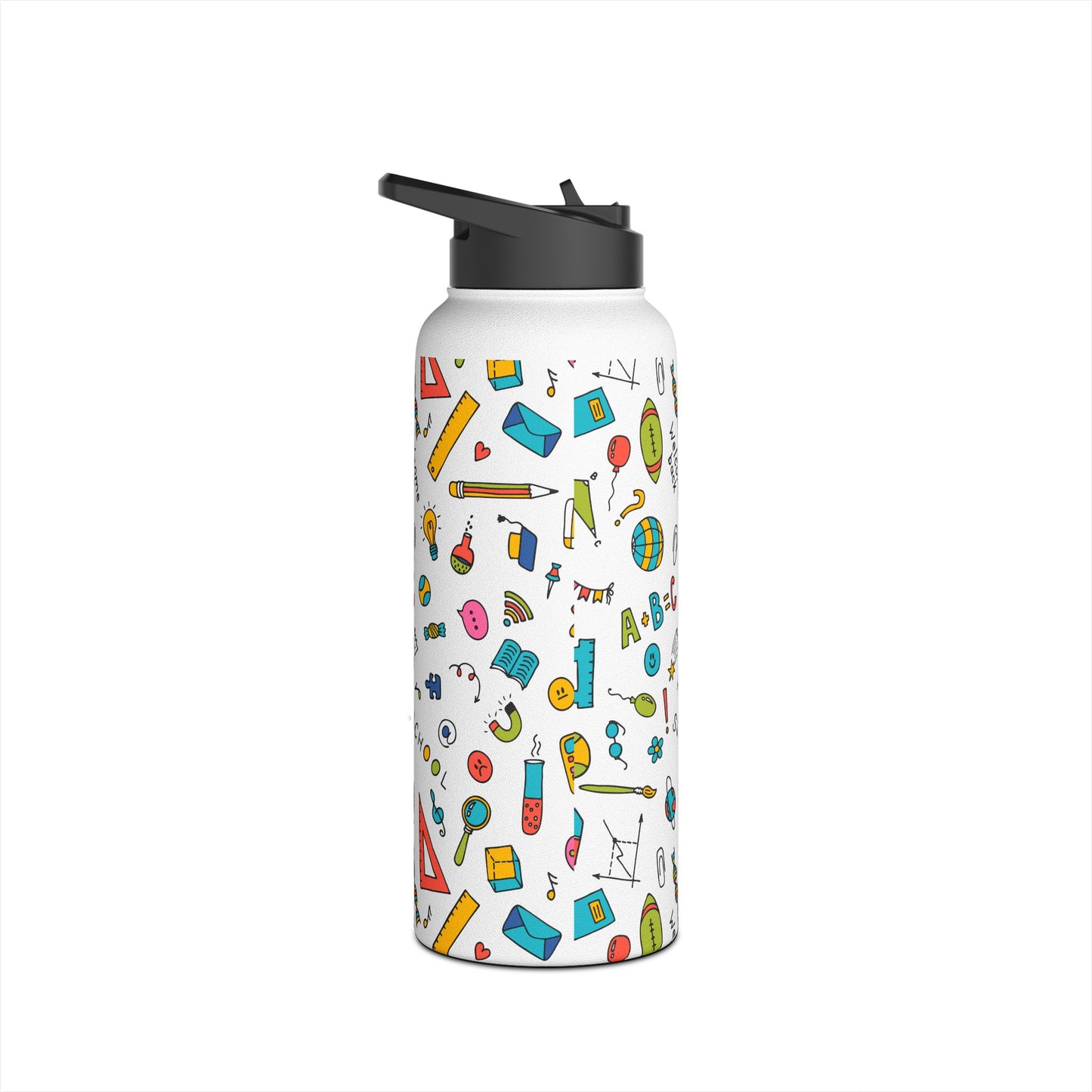 Back-to-School Stainless Steel Water Bottle – Colorful School Supplies Design, BPA-Free, 12oz/18oz/32oz