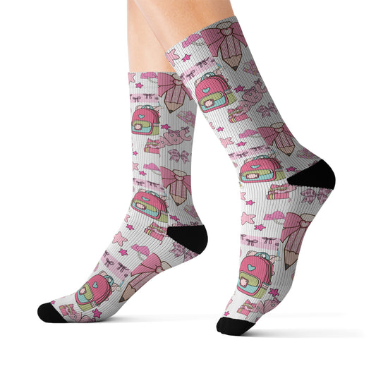 Back-to-School Pink Bow & Backpack Socks – Cute Unisex School Socks for Girls, Teens & Moms | ABC School Supply Print