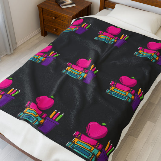 Black Back-to-School Apple & Books Blanket – Cozy Teacher Gift, Student Dorm Throw, Available in White or Black