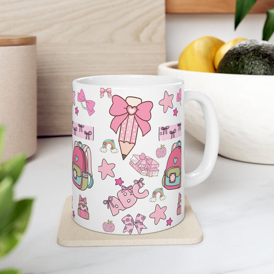Kawaii Back-to-School Mug | Cute Pink Ceramic Coffee Cup in 11oz & 15oz | Matching School Set Gift