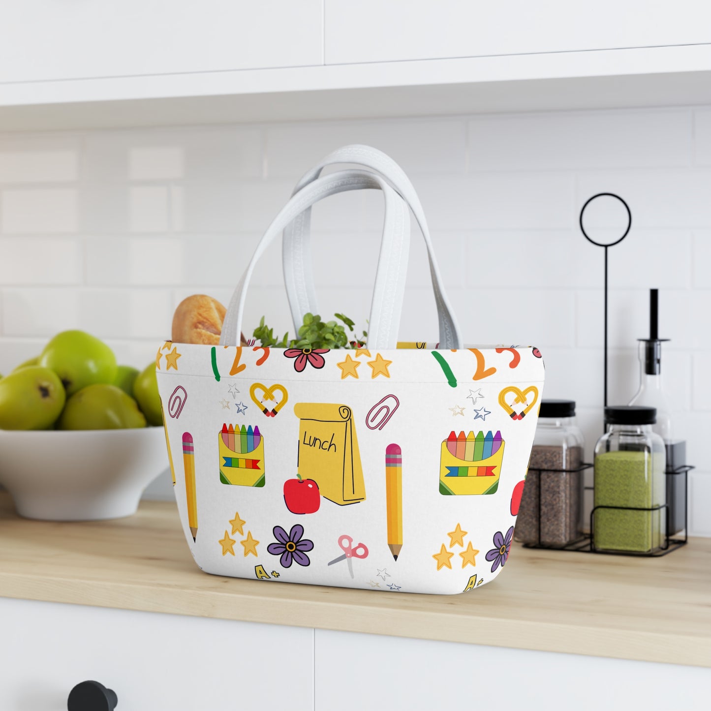 Back-to-School Lunch Bag | Colorful Apple & Books Print | Insulated Tote for Kids, Teachers, Moms | Stylish & Functional