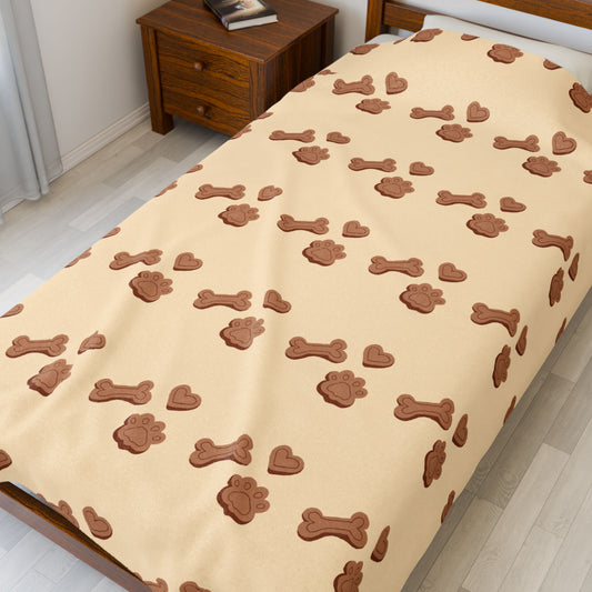 Dog Mom Cozy Blanket - Plush Beige Velveteen Throw with Paw & Bone Print (3 Sizes)