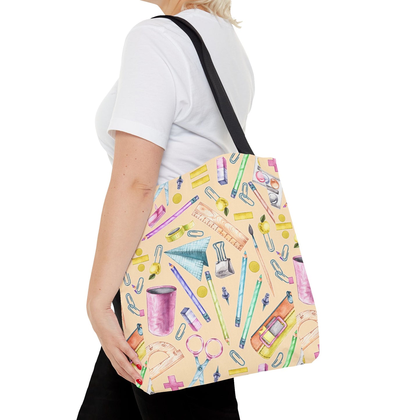 Back-to-School Essentials Tote Bag – Vibrant Stationery Pattern, 3 Sizes, Stylish & Durable