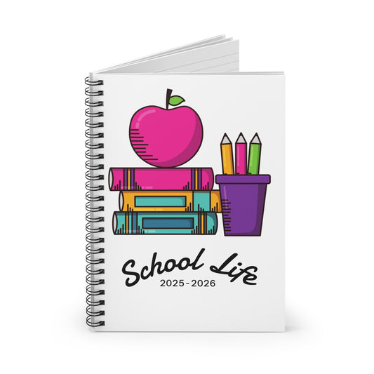 School Life 2025-2026 Spiral Notebook – Cute Pink Apple & Book Design for Students & Teachers