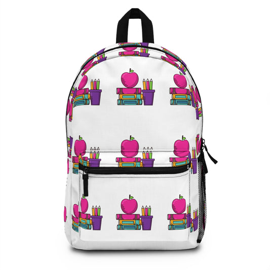Colorful Back-to-School Kids Backpack – Pink Apple & Crayons Pattern