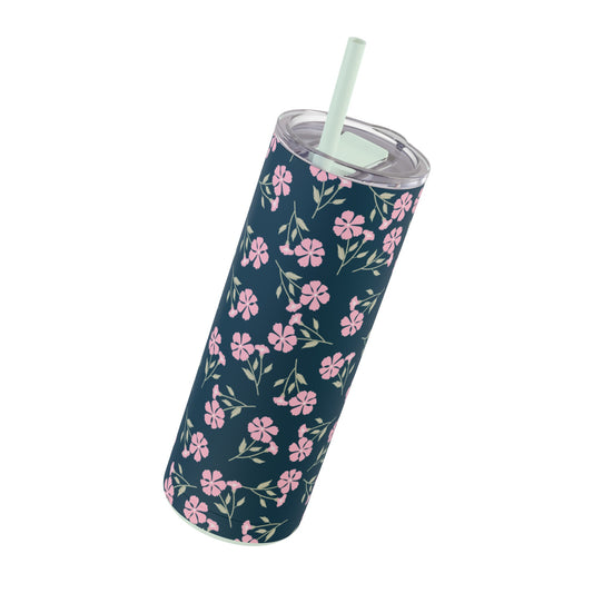 Indigo Bloom 20oz Tumbler: Navy Blue with Soft White Floral Pattern - Keeps Drinks Hot/Cold - BPA-Free Steel