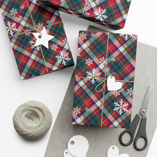 Plaid Christmas Wrapping Paper with Snowflakes : Festive Matte or Satin Gift Wrap