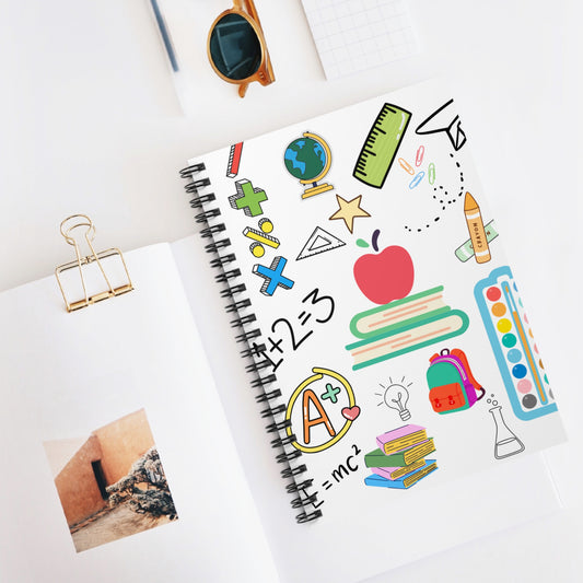 White spiral notebook with colorful classroom icons like apples, rulers, globes, and paper planes — perfect for moms, students, and teachers.
