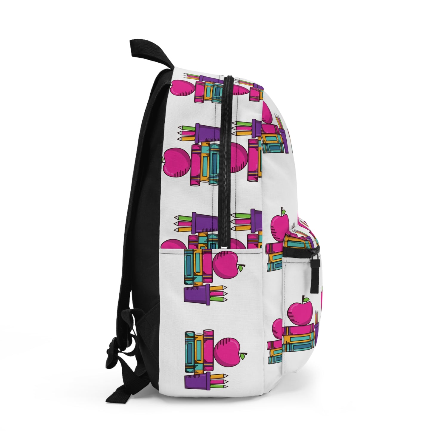 Colorful Back-to-School Kids Backpack – Pink Apple & Crayons Pattern