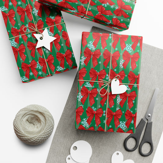Premium Christmas Wrapping Paper: Red Bow and Snowflake Holiday Gift Wrap (Matte or Satin Finish)