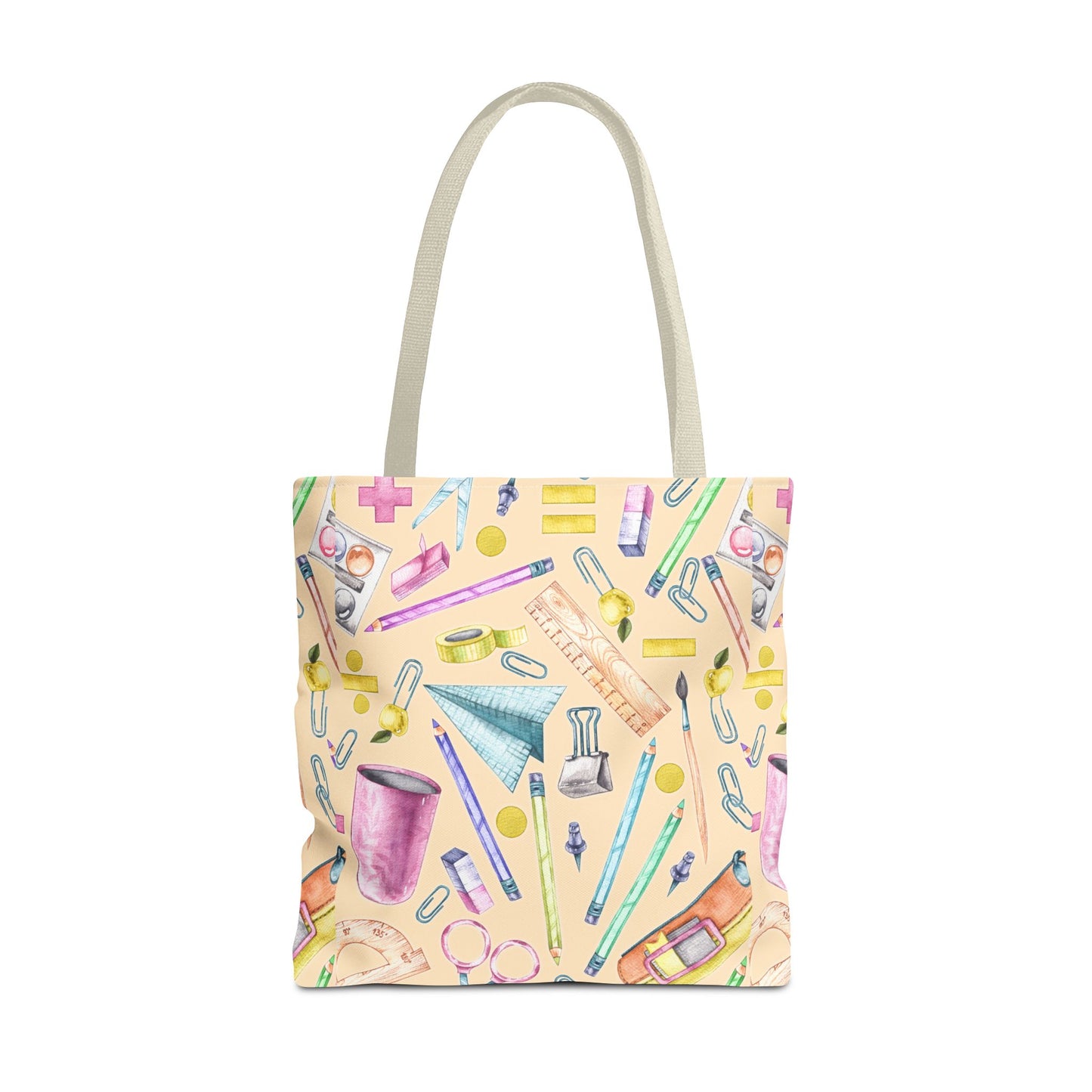Back-to-School Essentials Tote Bag – Vibrant Stationery Pattern, 3 Sizes, Stylish & Durable