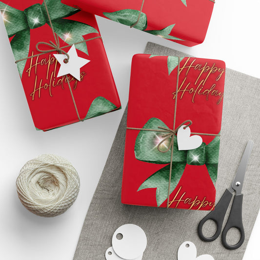 Festive Red Bow Wrapping Paper : Elegant Holiday Gift Wrap with Green Bow & 'Happy Holidays' Script, Perfect for Christmas Gifts