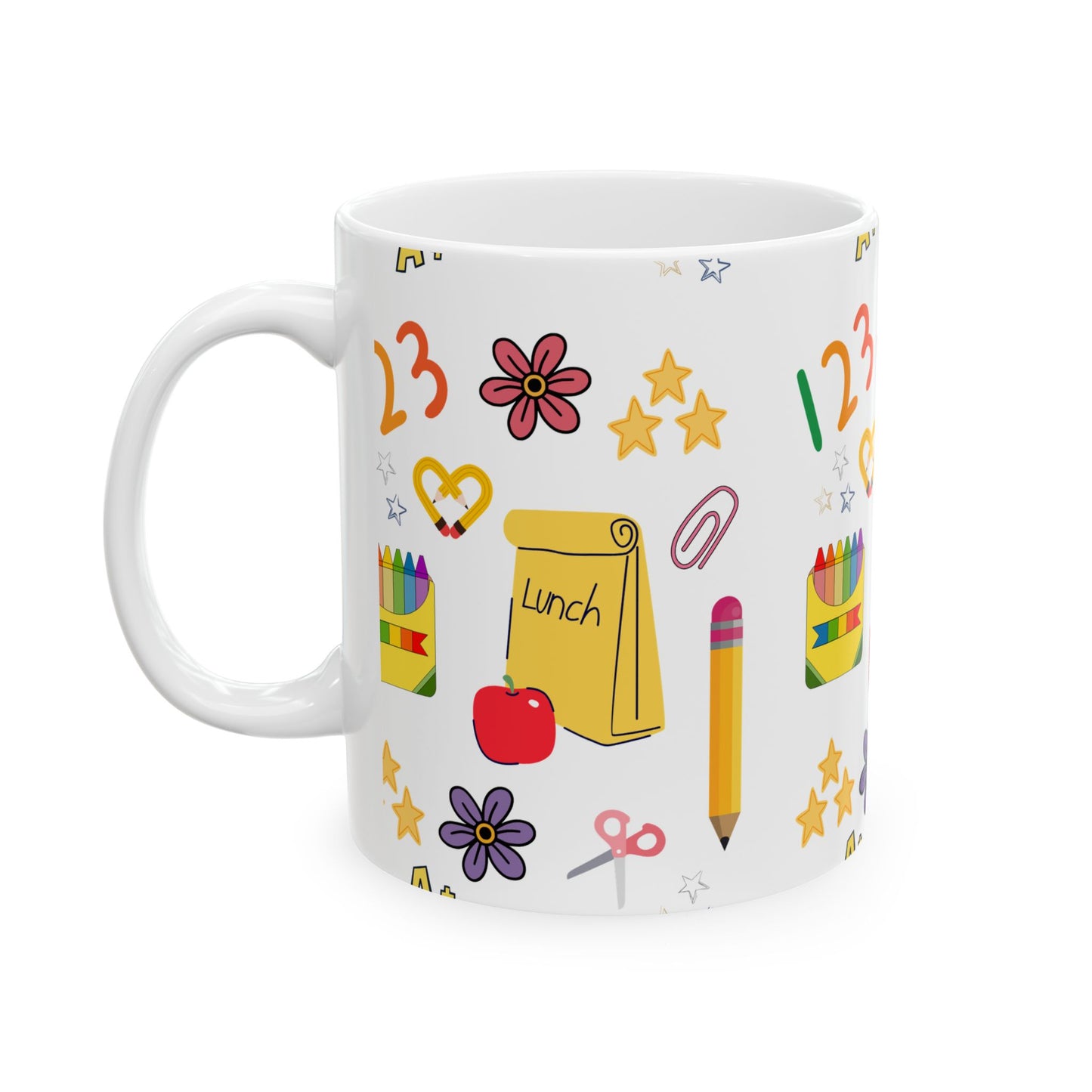 Back to School Teacher Mug – Cute Apple, Lunch & Crayon Design – Ceramic Coffee Cup in 11oz or 15oz – Teacher Gift for Women or Moms