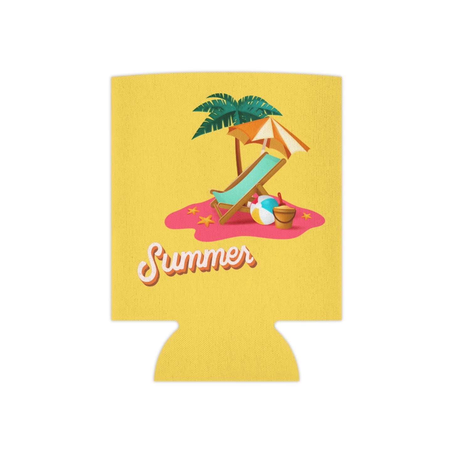 Sun-Kissed Serenity: Tropical Yellow Koozie with Beach Chair & Umbrella Design | Custom Print