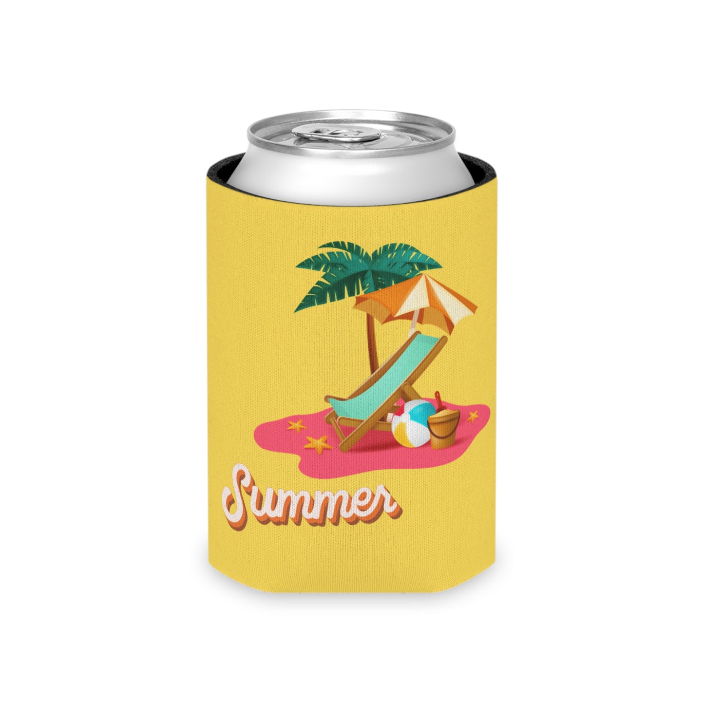 Sun-Kissed Serenity: Tropical Yellow Koozie with Beach Chair & Umbrella Design | Custom Print