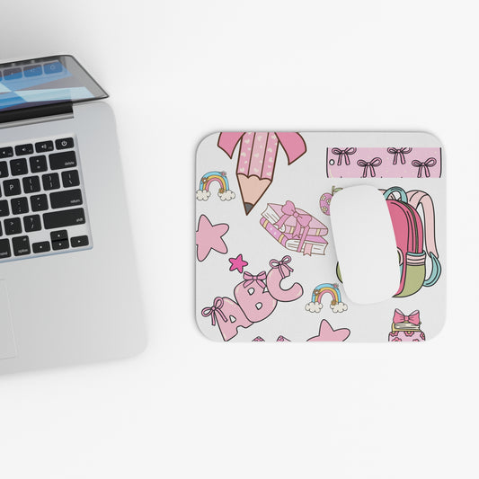 Cute Back to School Mouse Pad – Pink Backpack & School Supplies Desk Mat for Girls | ABC Rainbow Aesthetic | Perfect for Students, Teachers & Moms