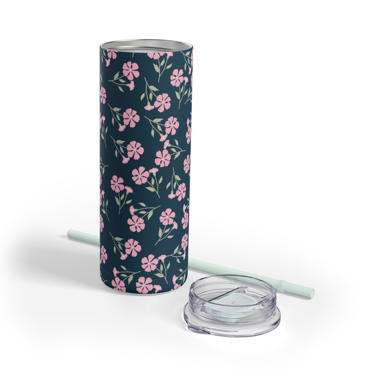 Indigo Bloom 20oz Tumbler: Navy Blue with Soft White Floral Pattern - Keeps Drinks Hot/Cold - BPA-Free Steel