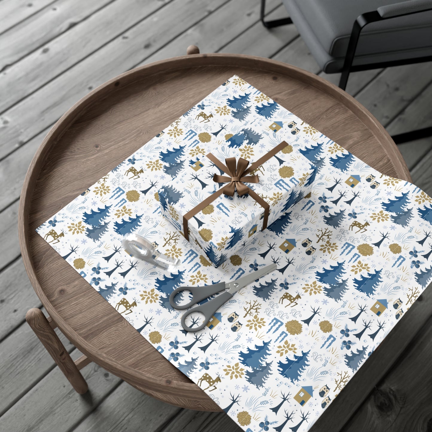Winter Forest Scene Wrapping Paper: White & Blue - Sustainable Holiday Gift Wrap Satin and Matte Finishes