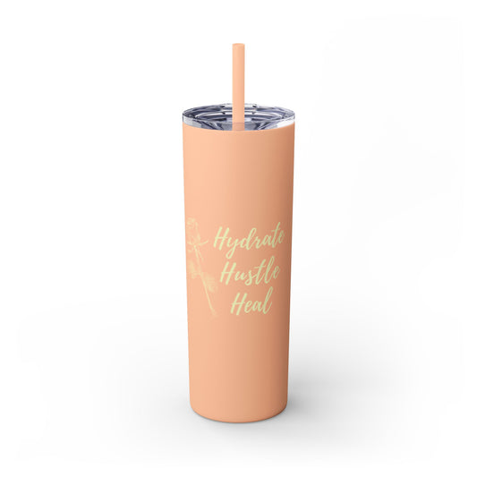 Hydrate, Hustle, Heal Skinny Tumbler | 20oz Motivational Reusable Coffee Cup | Stylish Hot & Cold Drinkware for Women