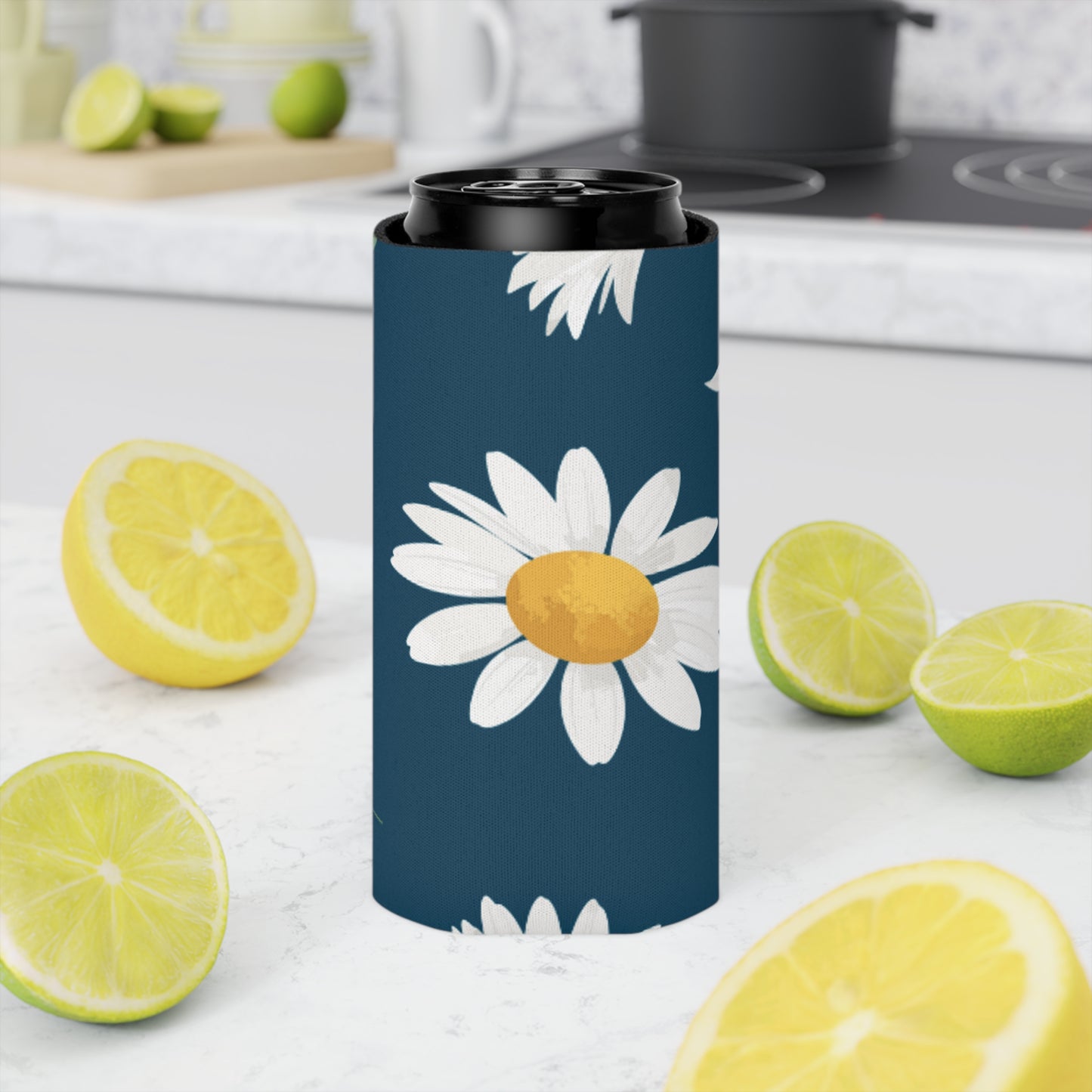 Summer Daisy Navy Koozie: Keep Your Beverages Fresh and Your Style Cool